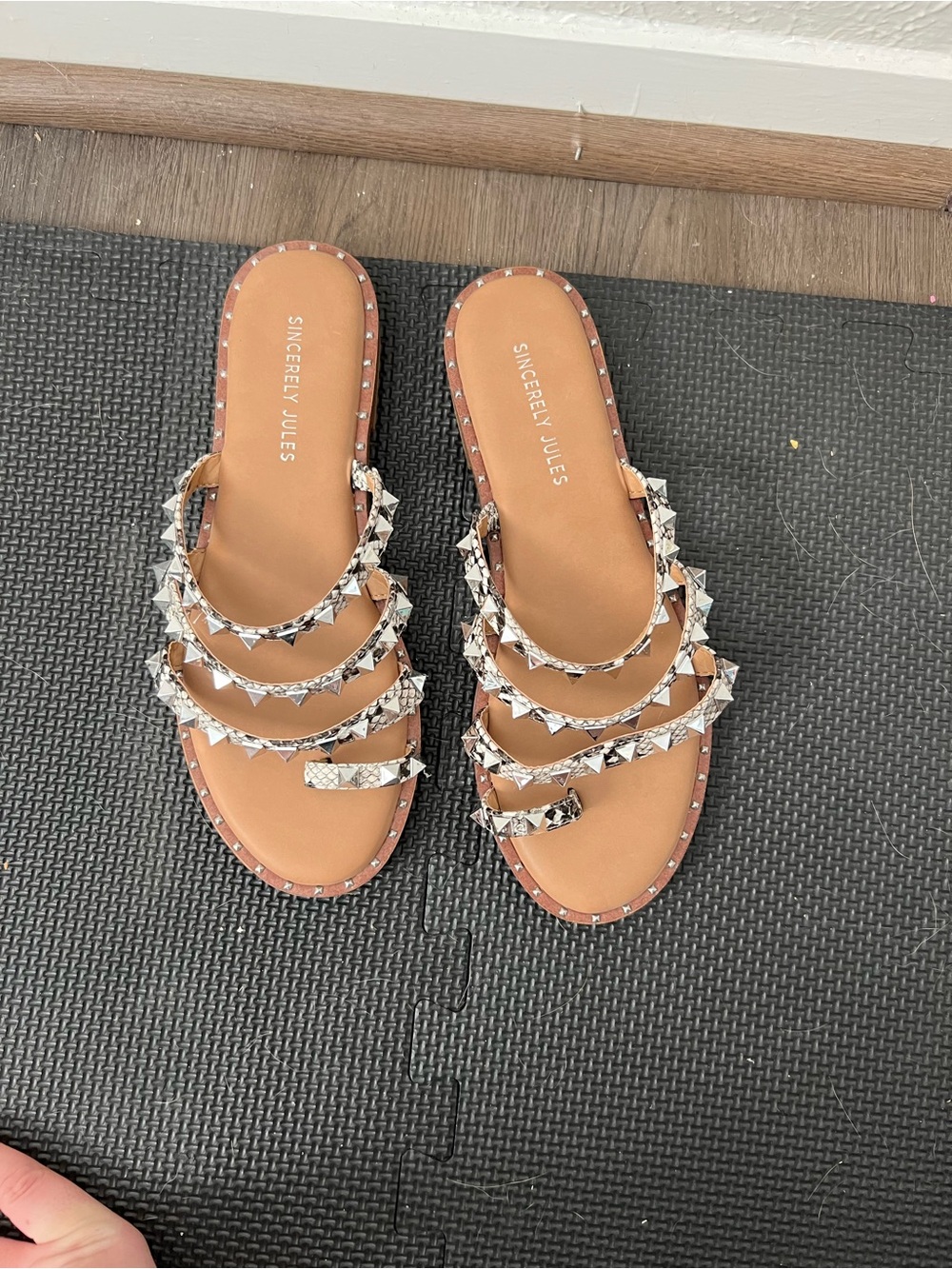 Sincerely Jules Tan Slide Sandals with Snake-Print Studded Straps